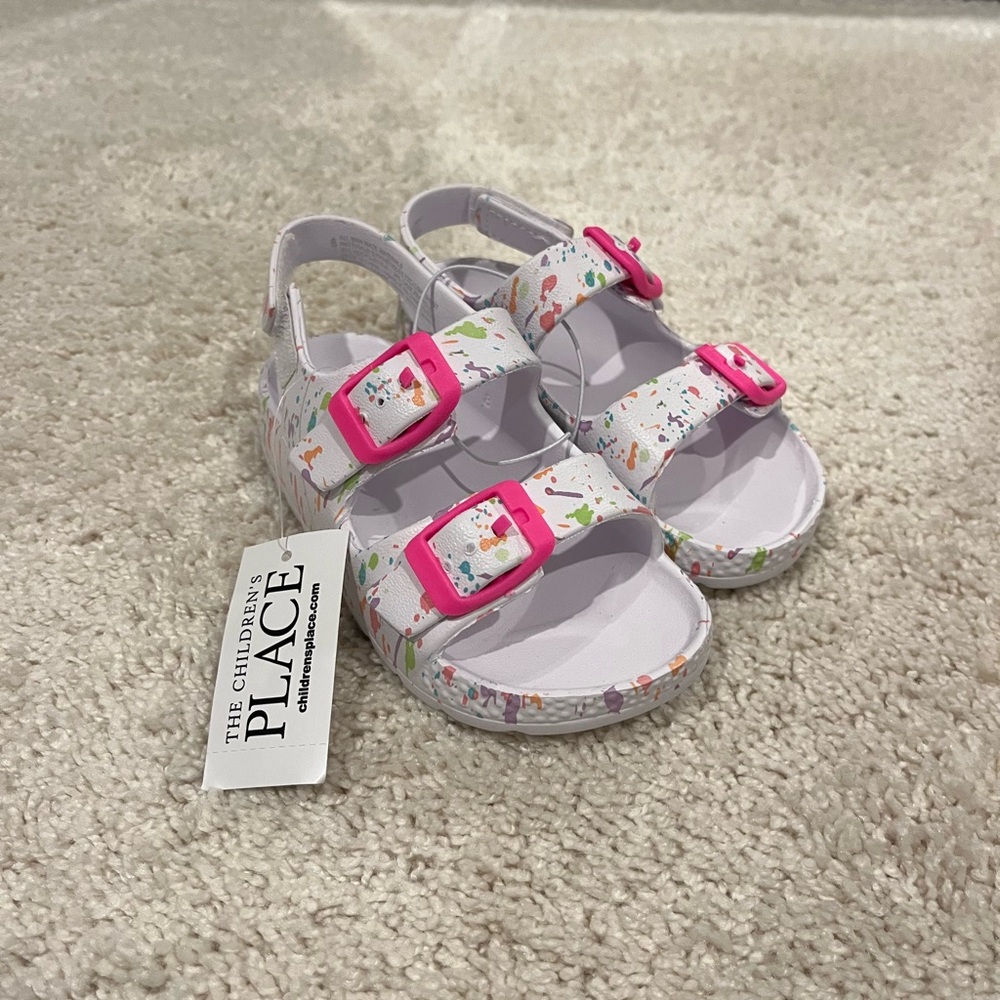 The Children's Place Paint Splatter White Sandals with Pink Buckles - Brand New